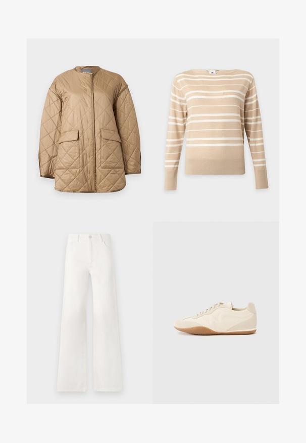 Beige doorgestikte jas met lange mouwen, ronde halslijn, klepzakken aan de voorkant en een diamantvormig stikpatroon.; Beige trui met lange mouwen, witte horizontale strepen en een ronde hals tegen een effen lichte achtergrond.; Witte, hoogwaist, wijde jeans van denim. Heeft een knoopsluiting, twee voorkruiszakken en zijnaadstiksel details.; Lichtbeige sneakers met een textuur van leer op het bovenwerk, getextureerde zijpanelen en een rubberen zool. Voorzien van een slank, gestroomlijnd ontwerp en platte veters.