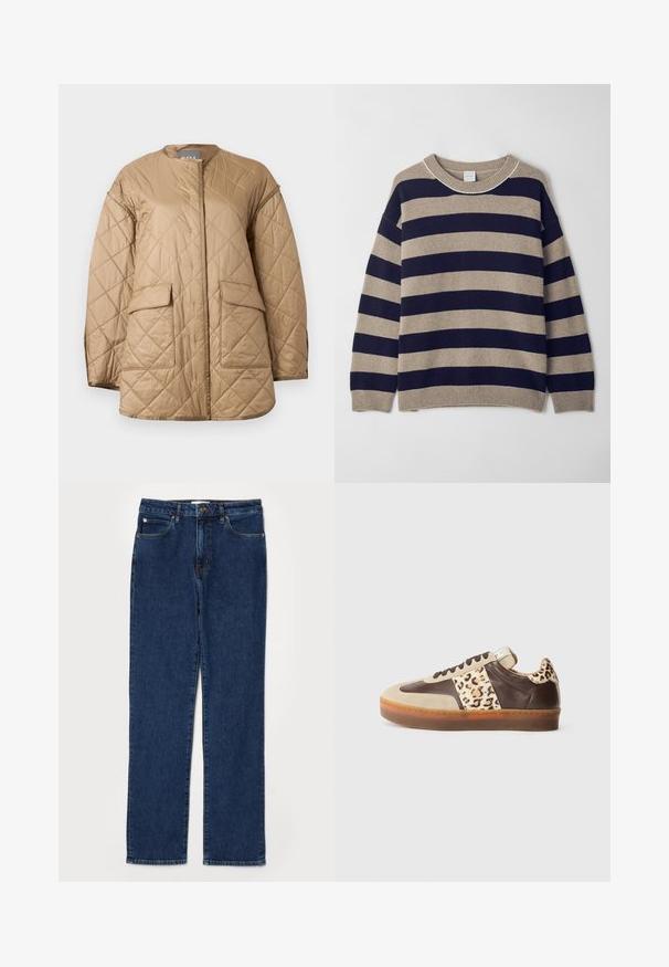 Beige quiltet jakke med lange ærmer, rund halsudskæring, frontlommer med klap og diamantformet syningsmønster.; Stribet sweater i beige og marineblå, lavet af blødt materiale. Har en rund hals, sænkede skuldre og ribbet manchetter og kant.; Denim jeans i mørkeblå farve, lige ben design, fem-lommer stil, med en robust talje og synlige syning detaljer.; Lædersneakers med en tan og brun farvekombination, prydet med en leopardprint detalje på siden og en struktureret gummisål.