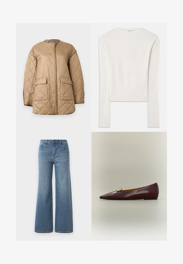 Beige doorgestikte jas met lange mouwen, ronde halslijn, klepzakken aan de voorkant en een diamantvormig stikpatroon.; Witte lange mouw top van katoen, met een eenvoudige ronde hals en een slim fit. De stof is glad met een lichte stretch.; Lichtblauwe wijde denim jeans met hoge taille, knoop- en ritssluiting en voorzakken.; Bruine platte schoen met spitse neus en een kleine gouden decoratieve kraal op het bovenwerk, tegen een eenvoudige neutrale achtergrond.