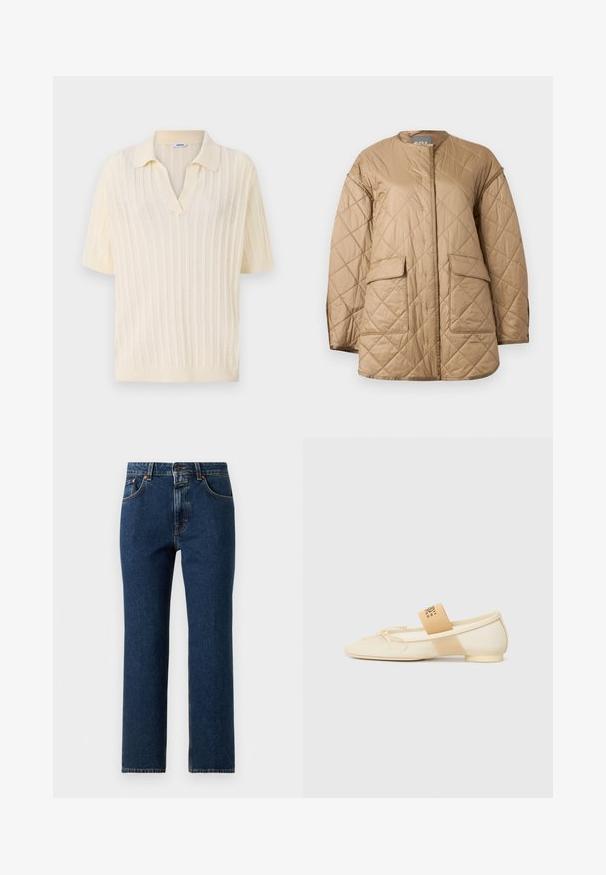 Beige quiltet jakke med lange ærmer, rund halsudskæring, frontlommer med klap og diamantformet syningsmønster.; Cremefarvet kortærmet polo med V-hals, med ribbet tekstur, åbenstrik design og solid krave.; Straight-leg mørkeblå denimjeans med frontknap og lynlås, for- og baglommer og kontrastsyning.; Kræmfarvet flad sko med spids tå, snøredetalje og en dekorativ rem med logo på siden. Glat tekstur, lav hæl.