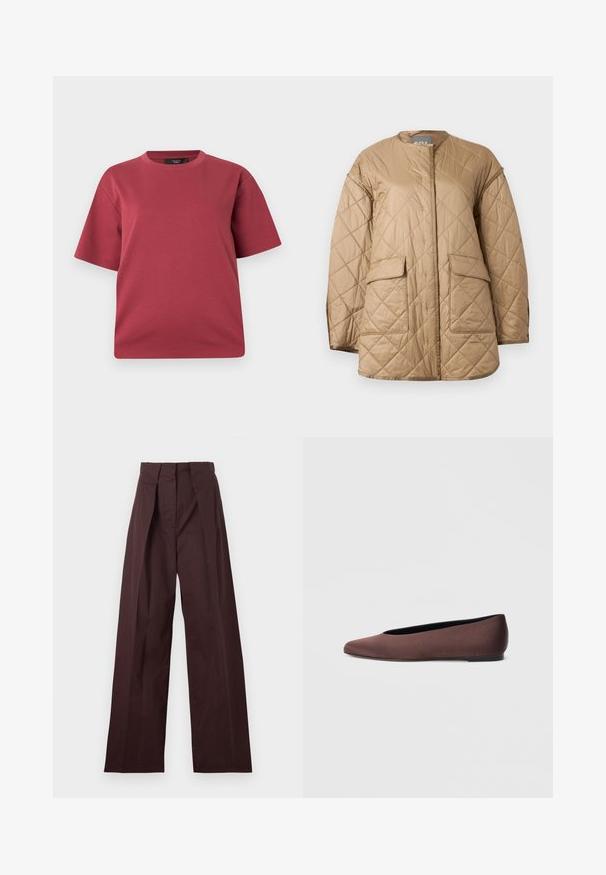 Veste matelassée beige à manches longues, col rond, poches à rabat à l'avant, avec un motif de couture en forme de losange.; T-shirt à manches courtes et col rond couleur rose poudré avec une coupe décontractée, présenté sur un fond blanc uni.; Pantalon taille haute marron foncé ajusté avec jambes larges et plis avant, présenté à plat sur un fond clair.; Ballerines en tissu marron avec un bout pointu et une texture lisse, dotées d'un talon bas et d'une fine semelle noire. Aucune motif ni élément métallique visible.