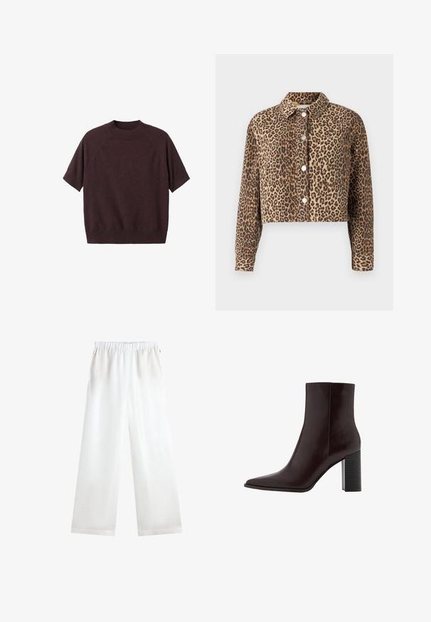 Afskåret denimjakke med leopardprint, der har krave og sølvfarvede trykknapper fortil.; Kortærmet sweater i mørk burgundy strik. Har en ribbet rund hals og en afslappet pasform, med raglanærmer og en glat tekstur.; Hvide bukser med vide ben, elastisk talje og lige kant, vist på en ensfarvet hvid baggrund.; Brune læder ankelstøvle med spidse tæer, høj block hæl og glat tekstur. Viser minimale sømme og et rent, strømlinet design.