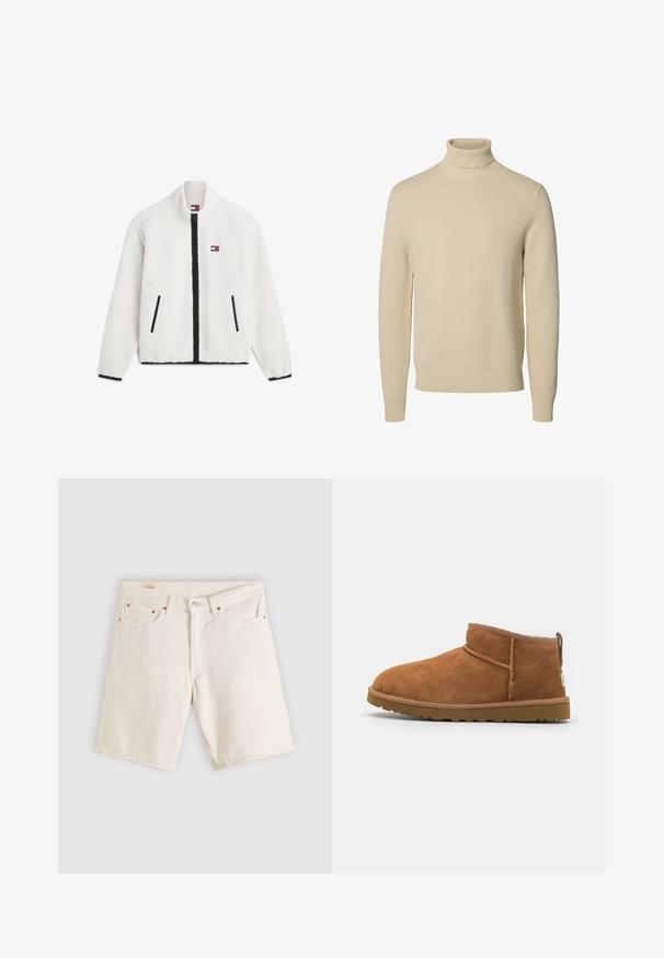 Veste en polaire blanche avec une fermeture éclair noire et des bordures de poche, col montant et petit logo Tommy Jeans sur la poitrine gauche.; Pull beige à col roulé en tricot avec manches longues, poignets et ourlet côtelés, présenté sur un fond blanc uni.; Short en denim blanc avec bouton et fermeture éclair à l'avant, cinq poches et détails de rivets en cuivre, posé à plat sur un fond clair.; Bottine en suède beige avec un bout rond, des détails de couture subtils et une semelle en caoutchouc texturée. Hauteur courte sans lacets.