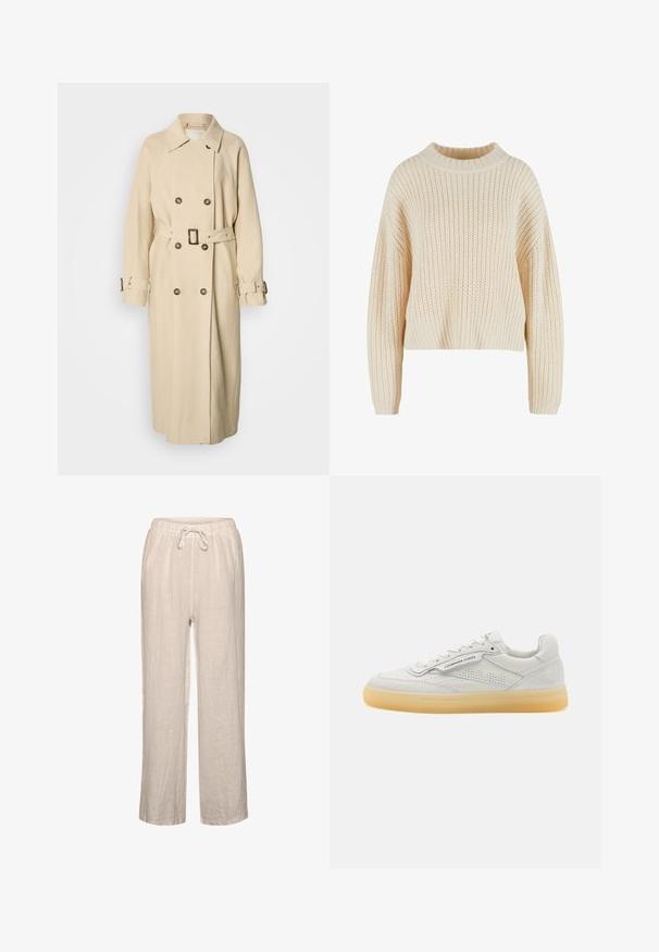 Gabardina beige con cierre cruzado, cuello grande y cinturón en la cintura. Cuenta con botones decorativos y mangas articuladas con correas.; Suéter de punto crema con un alto cuello acanalado, mangas anchas y un patrón texturizado en toda su superficie. Diseño corto con dobladillo acanalado.; Pantalones de lino en beige claro con cintura elástica y cordón, que presentan un corte relajado y diseño de pierna recta.; Zapatilla de cuero blanca con acentos perforados, punta redonda y suela de goma crema. Presenta costuras tonales y un diseño minimalista.