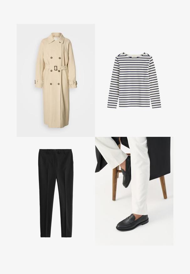 Gabardina beige con cierre cruzado, cuello grande y cinturón en la cintura. Cuenta con botones decorativos y mangas articuladas con correas.; Camisa de manga larga blanca con rayas horizontales azul marino y escote redondo, extendida sobre un fondo blanco.; Pantalones negros en una tela suave y ligera. Presentan un corte ajustado, pliegues delanteros y cinturilla estándar con bolsillos laterales y traseros.; Persona con mocasines de cuero negro y pantalones blancos sentada en un taburete de madera contra un fondo blanco.