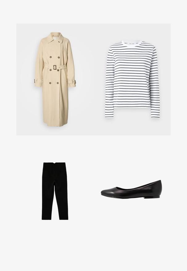 Beige trenchcoat met een dubbelgeknoopt voorpand, grote kraag en een tailleceintuur. Voorzien van knoopdetails en gevormde mouwen met riempjes.; Langsleeve shirt in witte katoen met zwarte horizontale strepen. Heeft een ronde hals en een relaxte pasvorm. Geen opvallende accenten of patronen.; Zwarte op maat gemaakte broek tot aan de enkel met zijzakken en een licht taps toelopende pijp, plat liggend op een witte achtergrond.; Zwarte ballerina van glanzend leer met een ronde neus en een lage, platte zool. Heeft een gladde textuur met een eenvoudig en strak design.