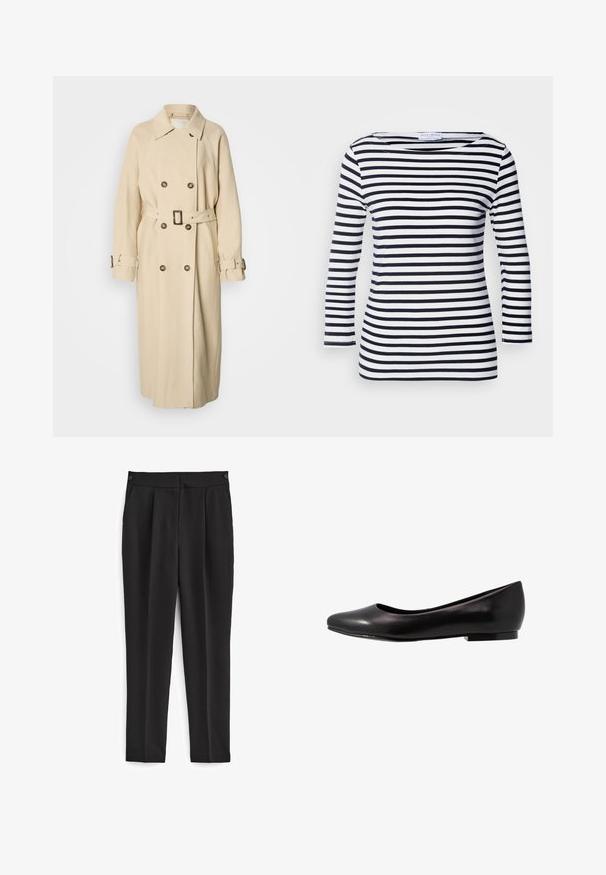 Beige trenchcoat med dobbeltradet front, stor krave og et bælte i taljen. Har knapdetaljer og artikulerede ærmer med stropper.; Marineblå og hvide stribede langærmede top med en bred halsudskæring og blødt, strækbart stof. Har jævne vandrette striber hele vejen igennem.; Sorte bukser med skræddersyet pasform, med flad front, to sidelommer og et rent, sømløst design. Fremstillet af et glat, åndbart stof.; Sort ballette sko lavet af glat læder med rund tå og lav, flad sål. Har en glat overflade med et enkelt og strømlinet design.