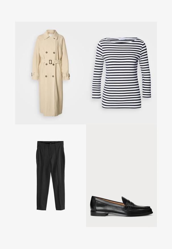 Beige trenchcoat med dobbeltradet front, stor krave og et bælte i taljen. Har knapdetaljer og artikulerede ærmer med stropper.; Marineblå og hvide stribede langærmede top med en bred halsudskæring og blødt, strækbart stof. Har jævne vandrette striber hele vejen igennem.; Sorte bukser med en glat tekstur, udstyret med lommer med lynlås foran og udtryksfulde folder. Minimalistisk design med en skræddersyet pasform.; Lauren Ralph Lauren WYNNIE - Loafers - black