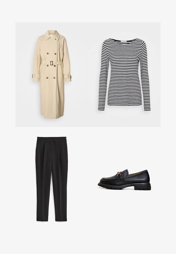 Beige trenchcoat med dobbeltradet front, stor krave og et bælte i taljen. Har knapdetaljer og artikulerede ærmer med stropper.; Langærmet T-shirt med rund hals, prydet med et sort-hvidt stribet mønster. Fremstillet af blødt stof med regular fit. Renset, minimalistisk design.; Sorte bukser med skræddersyet pasform, med flad front, to sidelommer og et rent, sømløst design. Fremstillet af et glat, åndbart stof.; Sort læder loafersko med rund tå, dekorativt guldsmykke og en robust gummisål med et struktureret grebmønster.