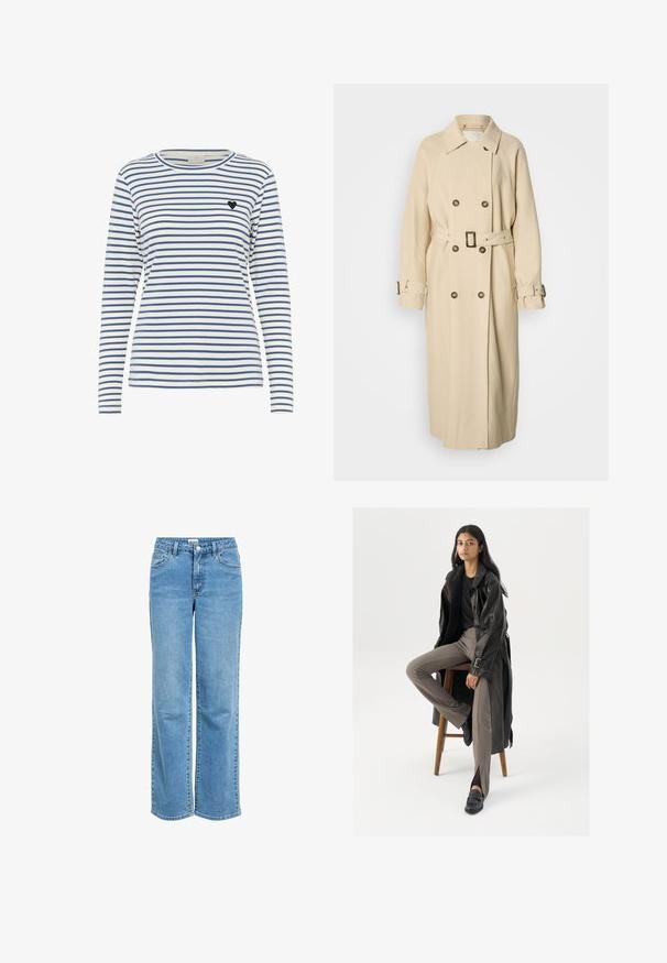 Gabardina beige con cierre cruzado, cuello grande y cinturón en la cintura. Cuenta con botones decorativos y mangas articuladas con correas.; Camisa de manga larga a rayas en blanco y azul marino, con un cuello redondo y un pequeño acento de corazón negro en el lado izquierdo del pecho. Textura de tejido suave.; Jeans de pierna ancha en azul claro hechos de mezclilla, con cintura alta, bolsillos frontales y cierre de botón. Diseño clásico de cinco bolsillos.; Abrigo de trench de cuero negro con botones y detalle de cinturón, combinado con pantalones ajustados de color marrón claro y mocasines negros, sentado en un taburete de madera.