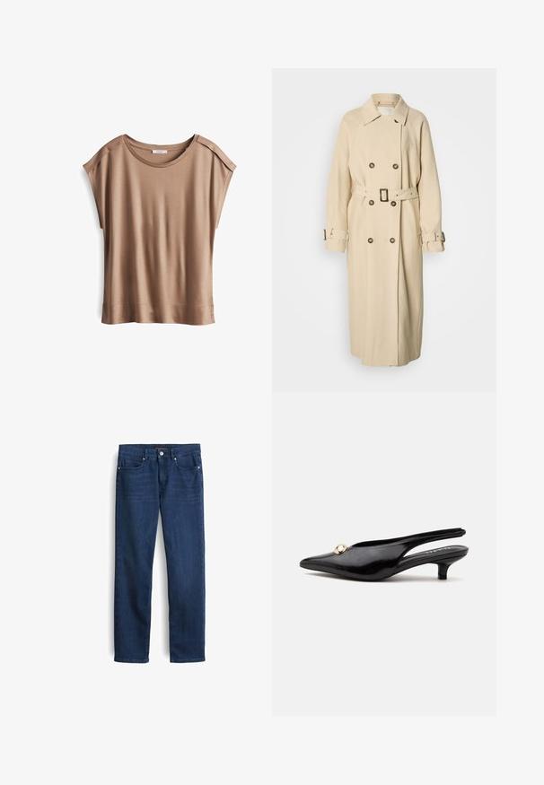 Beige trenchcoat met een dubbelgeknoopt voorpand, grote kraag en een tailleceintuur. Voorzien van knoopdetails en gevormde mouwen met riempjes.; Bruine top met korte mouwen en een zachte, gladde textuur. Heeft een ronde halslijn en subtiele schoudernaaddetails.; Donkerblauwe rechte spijkerbroek met voor- en achterzakken, riemlussen en knoopsluiting, plat weergegeven op een witte achtergrond.; Zwarte lakleren slingback kitten heel met een spitse neus en een klein gouden rond ornament bovenop.