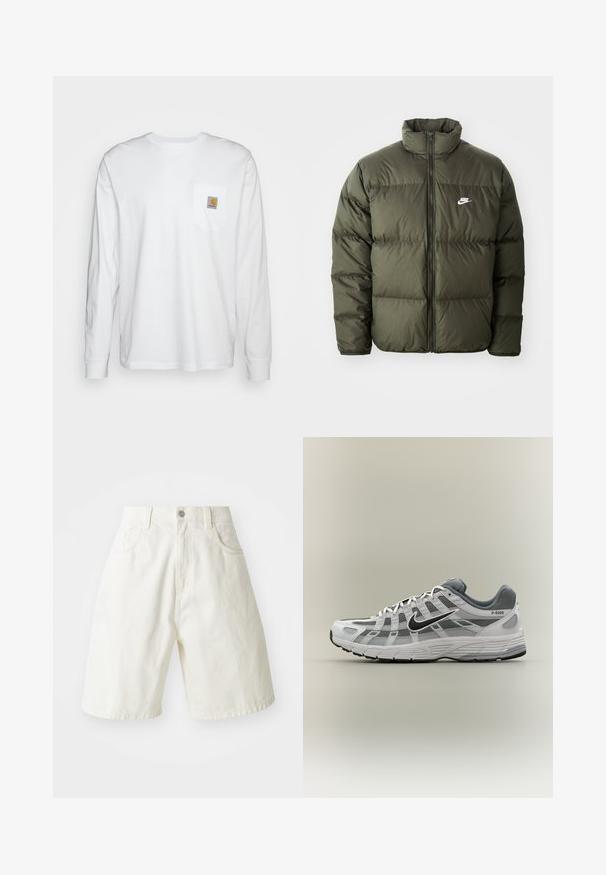 Chaqueta acolchada de color verde oliva con un cuello alto, cierre de cremallera frontal y un patrón de costura horizontal. Cuenta con un logotipo blanco de Nike en el lado izquierdo del pecho.; Camisa blanca de manga larga hecha de algodón, con un bolsillo en el pecho que lleva un parche de logo cuadrado. Diseño sencillo con escote redondeado y mangas con puños.; Pantalones cortos de mezclilla blanca con un ajuste relajado, que cuentan con cinturilla, cinco bolsillos y piernas rectas. La tela tiene una ligera textura.; Zapatilla Nike P-6000 blanca y gris con swoosh negro, paneles de malla y suela texturizada, mostrada de perfil sobre un fondo neutro.