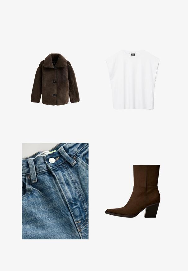 Mørkebrun, flot knap-op frakke med bred krave og lange ærmer, vist på en hvid baggrund.; Hvid ærmeløs crop top med rund halsudskæring, brede skuldre og sort "B6"-label indvendigt i kraven.; Denimjeans har en lys blå farve med whiskeringdetaljer. Linningen inkluderer en metalknap og synlige sømme langs sømmene.; Brun ruskinds ankelstøvle med spids tå og kraftig hæl, der har et minimalistisk design og en glat tekstur mod en hvid baggrund.