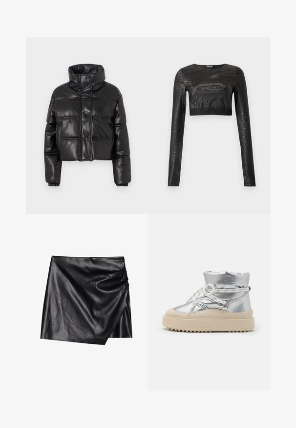 Veste courte en doudoune noire en cuir synthétique, avec un col haut, des fermetures à boutons-pression et des panneaux matelassés avec des poignets élastiqués.; Haut court noir à manches longues avec finition brillante effet mouillé et motif de petites gouttes d'eau, col rond et ourlet élastiqué.; Jupe mini en cuir noir avec un design portefeuille, affichant une texture douce et lisse ainsi que des détails de drapés subtils sur un côté.; Bottine métallique argentée avec un dessus rembourré, des lacets blancs et une semelle plateforme beige, dotée d'un fond en caoutchouc texturé pour l'adhérence.