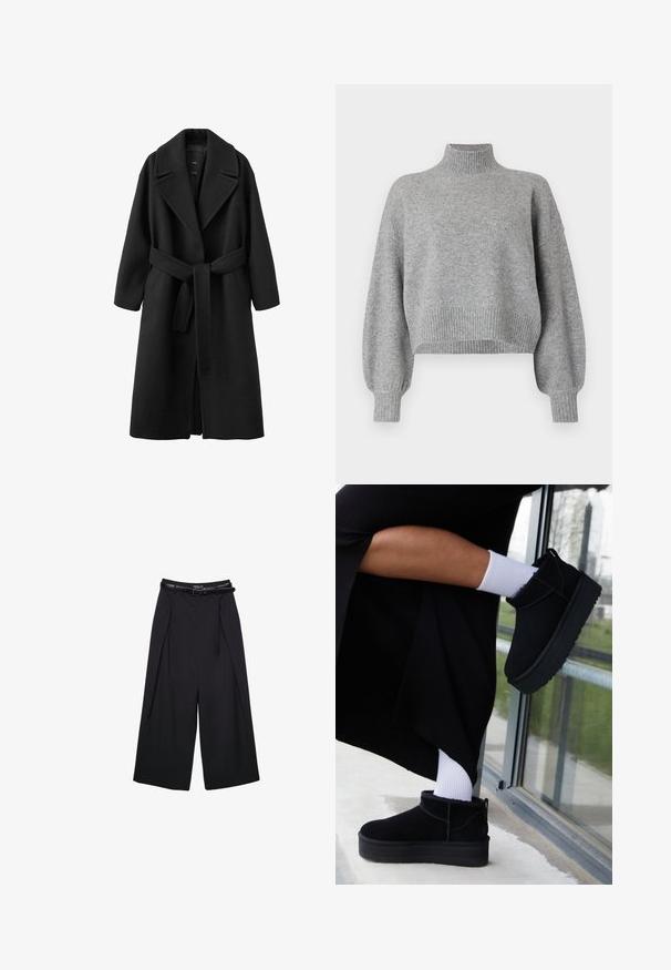 Sort uldfrakke med reverskrave, bælte i taljen og lange ærmer. Har en ren silhuet og sidelommer.; Grå cropped sweater med høj krave, ribbede mansjetter og kant, samt droppede skuldre. Blød tekstur med minimale sømme.; Sorte vidde bukser lavet af glat stof, med høj talje og bæltesløjfer, med plisserede detaljer foran og uden synlige mønstre.; Sorte suede ankelstøvler med flad sål, med en bageste træksløjfe, båret med hvide ankelstrømper mod en minimalistisk baggrund.