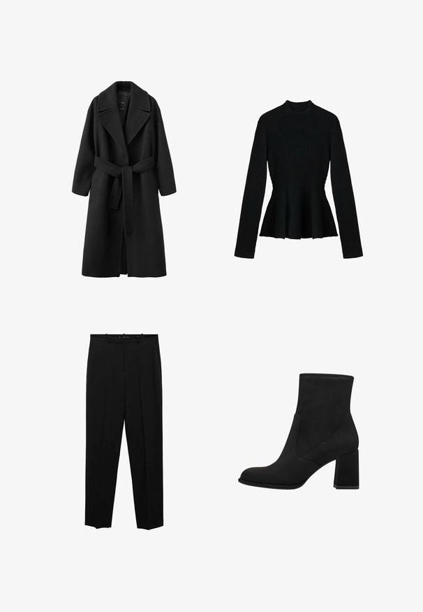Sort uldfrakke med reverskrave, bælte i taljen og lange ærmer. Har en ren silhuet og sidelommer.; Sort ribbet langærmet top med høj hals og peplum-for, der har en tekstureret stof og tætsiddende design.; Sorte skræddersyede bukser med lige ben design, der har frontfolder, en glat tekstur og standard talje med bæltestropper.; Sorte ankelstøvler med blokhæl, lavet af blødt suede. Har en rund tå og glatte sidestykker med syningsdetaljer.