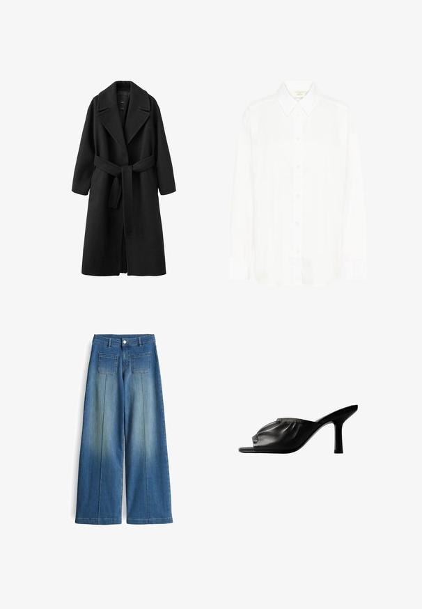 Zwarte wollen jas met een reverskraag, een taille met ceintuur en lange mouwen. Heeft een strakke silhouet en zijzakken.; Witte blouse met lange mouwen, knoopsluiting voor, een klassieke kraag en een reguliere pasvorm. Gemaakt van gladde stof, met acht knopen aan de voorkant.; Brede jeans in blauwe denim met een vervaagde wassing, twee achterzakken en een gladde afwerking. Voorzien van een klassieke knoop- en rits-sluiting.; Zwarte leren open-teen mule met geplooide bovenkant en slanke middenhoge naaldhak, gezien vanaf de zijkant tegen een witte achtergrond.