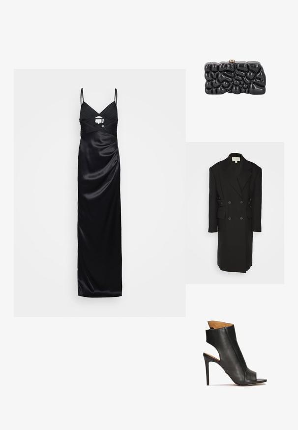 Materiel BOXY COAT - Klassisk frakke - black; Sort satin aftenkjole med tynde stropper, V-udskæring, plisseret skørt og tætsiddende talje, præsenteret på en enkel lys baggrund.; Sorte læder højhælede sandaler med åben tå og udskæring design. Har en stiletto hæl og en formet ankel sektion.; Skinnende sort clutch taske med en abstrakt, tekstureret overflade og en lille metallukning på toppen, vist mod en hvid baggrund.