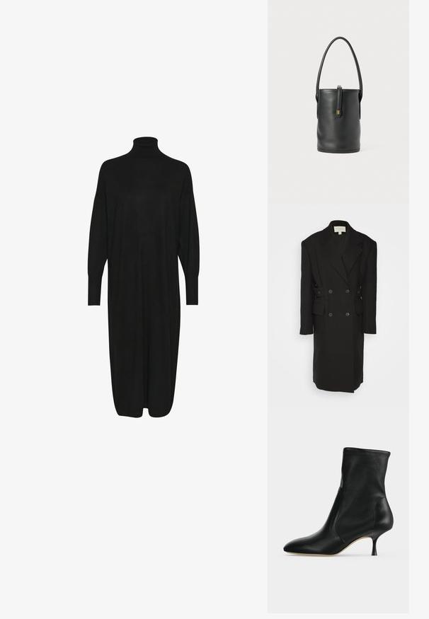 Materiel BOXY COAT - Klasický kabát - black; Čierne pletené šaty s vysokým golierom, dlhými rukávmi a voľným strihom. Hladká textúra s dĺžkou po polovicu lýtok, bez viditeľných vzorov alebo akcentov.; Čierna kožená členková čižma s ostrou špičkou a úzkym stredne vysokým podpätkom, zobrazená z profilu na svetlom pozadí.; Čierna kožená vedierková taška s hladkým povrchom, cylindrickým tvarom, krátkym uchom a zlatými kovovými doplnkami vpredu.