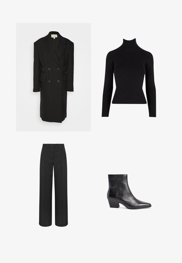 Materiel BOXY COAT - Klassisk frakke - black; Sort ribbet turtleneck sweater med lange ærmer, tætsiddende silhuet, tekstureret stof og høj hals.; Sorte sortevidde bukser med høj talje, bæltestropper og frontpres seams, skræddersyet til et formelt eller professionelt udseende.; Sorte læder ankelstøvler med spids tå, mellemhøj blokhæl og glat tekstur. Har et minimalistisk design uden synligt hardware.