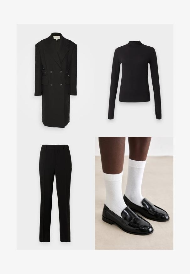 Materiel BOXY COAT - Klasický kabát - black; Čierny priliehavý top s dlhým rukávom a stojatým golierom, zobrazený na jednoduchom svetlosivom pozadí.; Čierne nohavice strihané na mieru, vyrobené z hladkej tkaniny, s rovnými nohavicami, skladmi, pásovými okami a zipsom na uzatváranie.; Čierne lakované kožené loafers s prešívaným dizajnom, skombinované s bielymi bavlnenými ponožkami do členkov, vystavené na svetlom podklade.