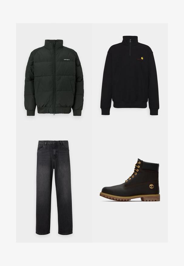 Schwarze Puffjacke mit hohem Kragen, Reißverschluss und gerippten Bündchen. Verfügt über horizontale Nähte und ein kleines Logo auf der Brust.; Schwarzer Fleece-Pullover mit hohem Kragen, halbem Reißverschluss, Rippbündchen und Rippbund. Mit einem kleinen gelben und roten Logo auf der Brust.; Dunkelgraue Denim-Jeans mit geradem Bein, ausgestattet mit einem Reißverschluss, fünf Taschen und subtilen Verblassungen auf dem Stoff.; Schwarze Leder-Ankle-Boots mit goldenen Ösen, braunen Akzenten und einer Gummisohle. Verfügt über einen gepolsterten Schaft und ein geprägtes Logo an der Seite.