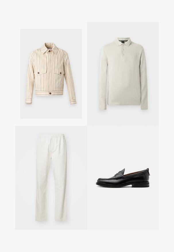 Veste courte beige avec fines rayures verticales marron, poches poitrine à rabat boutonnées, boutons marron et col pointu.; Polo à manches longues de couleur beige clair, confectionné dans un tissu doux. Comprend un col, une patte de boutonnage à trois boutons et une broderie discrète du logo sur la poitrine.; Pantalons en coton blancs avec une taille élastique et une conception à jambe droite, présentant une texture lisse et sans motifs ni accents visibles.; Mocassin homme en cuir noir avec couture moc toe, bride penny, col texturé et petit talon empilé sur fond blanc.
