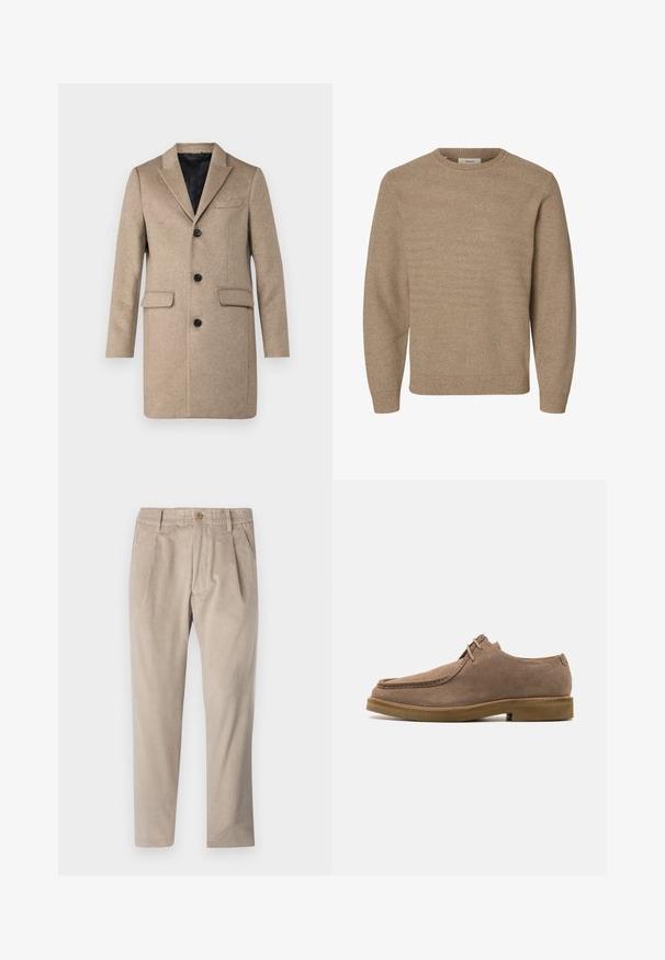 Beige wollen jas met een gelapte revers, drie knoopsluitingen, twee voorkleding zakken en een gladde zwarte binnenvoering.; Beige gebreide trui met lange mouwen, een ronde hals en geribbelde boorden bij mouwen en zoom, getoond op een witte achtergrond.; Beige corduroy broek met een elastische tailleband, knoopsluiting en plooien, met een rechte pijp en een gestructureerde stof.; Zign LEATHER - Sportieve veterschoenen - taupe