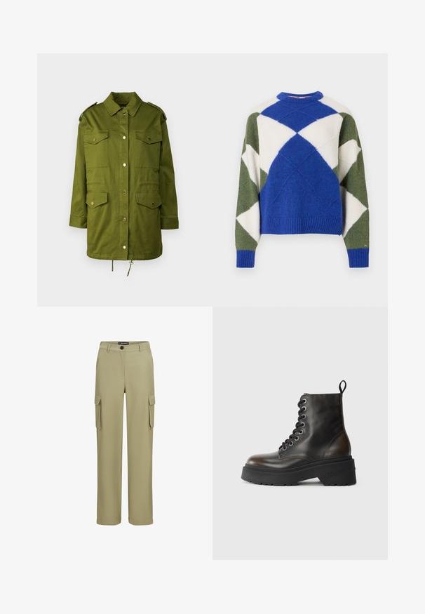 Grøn, langærmet militærstil jakke lavet af bomuld. Har to brystlommer, trykknapper, skulderstropper og snor i kanten.; Striktrøje med et blåt, hvidt og grønt argyle-mønster, med ribbet cuff og kant, lavet af blødt, tekstureret materiale.; Khaki cargo bukser lavet af blødt stof. Har to sidelommer og knaplukning. Lige ben-design med en skræddersyet afslutning.; Sorte læder ankelstøvler med snørebånd, tyk sort sål og en løkke bagpå, prydet med præget mærkenavn på hælen.