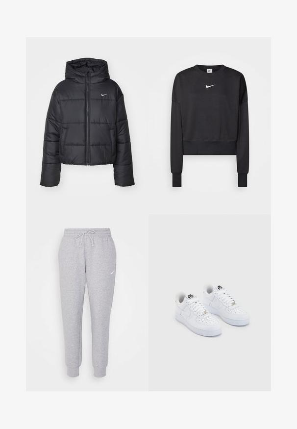 Zwarte pufferjack van nylon, met een rits aan de voorkant, een capuchon en twee vo pockets. Het ontwerp heeft gestikte secties en een klein logo.; Zwarte cropped sweatshirt van een katoenmix, met een ronde halslijn, lange mouwen en een wit Nike-logo op de borst.; Lichtgrijze sweatpants met een trekkoord bij de taille, taps toelopende benen en een klein wit logo op de linkerdij. Gemaakt van een zachte, gestructureerde stof.; Witte Nike Air Force 1 sneakers met een glad leren bovenwerk, geperforeerde teenbox, witte veters en zwarte branding op de tong.