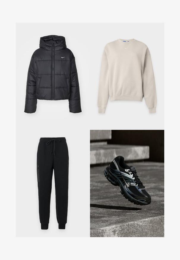 Sort pufferjakke lavet af nylon, med lynlåslukning foran, hætte og to forlommer. Designet inkluderer syede sektioner og et lille logo.; Lysebeige Nike crewneck sweatshirt med lange ærmer, ribstrikkede manchetter og kant samt et lille hvidt Nike swoosh-logo på brystet.; Sorte sweatpants med snoretræk i taljen, lynlåslomme i siden og tætsiddende nederste kant. Fremstillet af blødt, struktureret stof.; Sort og sølv Nike løbesko svævende over betontrappe, viser detaljeret design og tekstureret sål i udendørs omgivelser.