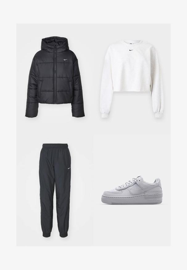 Schwarze Pufferjacke aus Nylon, mit durchgehendem Reißverschluss, Kapuze und zwei Fronttaschen. Das Design umfasst gestickte Abschnitte und ein kleines Logo.; Gekürztes Sweatshirt in Hellgrau aus weichem Stoff. Mit rundem Ausschnitt, langen Ärmeln mit elastischen Bündchen und einem schwarzen Nike-Logo über der Brust.; Schwarze Nike Jogginghosen aus leichtem Material, mit elastischem Bund und Bündchen, versehen mit einem kleinen weißen Logo am linken Bein.; Graue Nike Air Force 1 Sneaker mit perforierter Zehenpartie, Obermaterial aus glattem Leder, dicker Sohle und geprägtem 'AIR'-Detail an der Ferse.