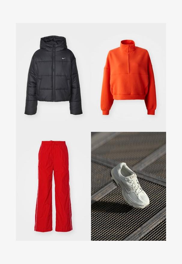 Must värvi puffer-jakk, mis on valmistatud nailonist, omab lukuga esiosa, kapuutsi ja kahte esimest taskut. Disain sisaldab õmmeldud sektsioone ja väikest logo.; Erkki heledat oranž cropped sweatshirt, millel on mock neck ja pool tõmblukk, laiad varrukad ja tekstureeritud kangas mugavuse tagamiseks.; Punased nailonipüksid, millel on laia säärega disain, elastne vöökoht koos paelaga ja valged külgtriibud. Sile tekstuur ja kerge välimus.; Valge Nike jooksutoss, millel on võrgust ja sünteetilisest materjalist ülemine osa, puhates metallvõrgust põrandal pehmes looduslikus valguses.