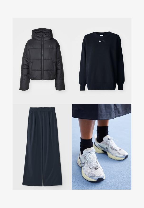 Sort pufferjakke lavet af nylon, med lynlåslukning foran, hætte og to forlommer. Designet inkluderer syede sektioner og et lille logo.; Sort sweatshirt lavet af bomuldsblanding; ribbet rund hals, lange ærmer og elastiske manchetter; har et lille sølvfarvet Nike-logo på brystet.; Mørkeblå, vide bukser i blødt stof; har en elastisk talje og to sidelommer for bekvemmelighed.; Hvide og sølv Nike sneakers med mesh-stof, reflekterende detaljer og en beige sål. Bæres med sorte sokker og står på en blå overflade.