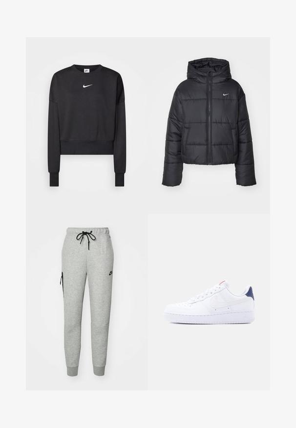 Zwarte pufferjack van nylon, met een rits aan de voorkant, een capuchon en twee vo pockets. Het ontwerp heeft gestikte secties en een klein logo.; Zwarte cropped sweatshirt van een katoenmix, met een ronde halslijn, lange mouwen en een wit Nike-logo op de borst.; Grijze sweatpants van zachte stof met een verstelbare tailleband, taps toelopende pijpen en een ritszak aan de linkerkant. Voorzien van een zwart logo.; Witte lage sneaker met perforaties op de neus, witte veters, een wit swoosh-logo en een donkerblauwe hielstrook.