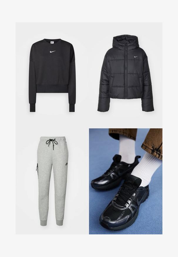 Sort pufferjakke lavet af nylon, med lynlåslukning foran, hætte og to forlommer. Designet inkluderer syede sektioner og et lille logo.; Sort cropped sweatshirt lavet af en blanding af bomuld, med rund halsudskæring, lange ærmer og et hvidt Nike-logo på brystet.; Grå træningsbukser lavet af blødt stof med en snoretræk i taljen, tapered ben og en lynlåslomme på venstre side. Har sort logo.; Sorte Nike-sneakers med mesh og syntetisk materiale, der har en struktureret overdel, sorte snørebånd og holdbare gummisåler. Hvide ribstrikkede sokker er synlige.