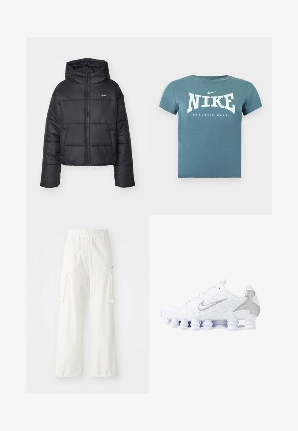 Must värvi puffer-jakk, mis on valmistatud nailonist, omab lukuga esiosa, kapuutsi ja kahte esimest taskut. Disain sisaldab õmmeldud sektsioone ja väikest logo.; Nike lühikeste varrukatega t-särk teal värvitoonis, valge tekstiga "NIKE ATHLETIC DEPT." ja väikese Swoosh logo rinnal, esitatud lihtsal taustal.; Valged cargo püksid, millel on lai jalgade disain, varustatud elastse vöökoha ja küljetaskutega. Tekstureeritud kangas sileda pinnaga.; Valged spordijalatsid, millel on võrgusilma ülemine osa, hõbedased lisandid ja ainulaadne keerdkonstruktsiooniga põhi. Omab pehmendatud krae ja nööbiteksti sobivuse tagamiseks.