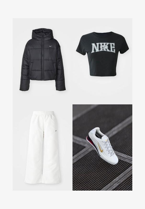 Sort pufferjakke lavet af nylon, med lynlåslukning foran, hætte og to forlommer. Designet inkluderer syede sektioner og et lille logo.; Sort cropped t-shirt lavet af blødt stof med rund halsudskæring. Har stort hvidt Nike-logo i fed skrift på forsiden.; Hvide atletiske bukser med et bredbenet design, elastisk talje og et lille sort Nike-logo på venstre side. Glat, let materiale.; Hvid atletiksko med tekstureret overdel, gyldent swoosh-logo, røde detaljer ved hælen og grå snørebånd. Hævet sål for ekstra stødabsorbering.