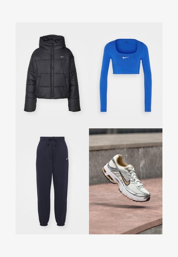 Čierna prešívaná bunda vyrobená z nylonu, s predným zipsom, kapucňou a dvoma prednými vreckami. Dizajn obsahuje prešité časti a malé logo.; Nike Sportswear W NSW LS CROP TOP SW - Top s dlhým rukávom - game royal/phantom; Nike tepláky v námornej modrej farbe, vyrobené z mäkkého materiálu. Obsahujú elastický pás s šnúrkou a sťahovacie nohavice. Malý biely logotyp ako akcent.; Biely a strieborný bežecký Nike topánka s béžovým logom Swoosh, zobrazená vo vzduchu nad kamenným povrchom s rozmazaným sivým pozadím steny.