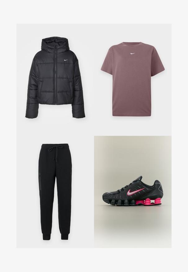 Schwarze Pufferjacke aus Nylon, mit durchgehendem Reißverschluss, Kapuze und zwei Fronttaschen. Das Design umfasst gestickte Abschnitte und ein kleines Logo.; Ein einfarbiges mauve T-Shirt mit kurzen Ärmeln und Rundhalsausschnitt, mit einem kleinen weißen Nike-Swoosh in der Mitte der Brust, auf weißem Hintergrund präsentiert.; Schwarze Sweatpants mit einem Kordelzugbund, seitlichem Reißverschlusstaschen und schmal zulaufenden Säumen. Hergestellt aus weichem, strukturiertem Stoff.; Schwarzer und pinker Nike Sportschuh mit sichtbaren Air Cushioning Pods an der Sohle und einem pinken Nike-Swoosh an der Seite.