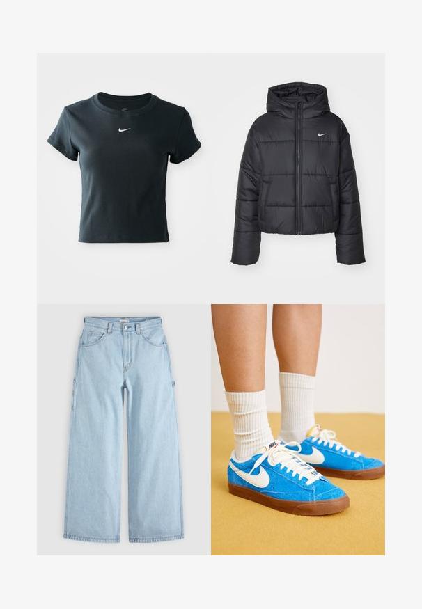 Schwarze Pufferjacke aus Nylon, mit durchgehendem Reißverschluss, Kapuze und zwei Fronttaschen. Das Design umfasst gestickte Abschnitte und ein kleines Logo.; Schwarzes kurzärmliges, cropped T-Shirt aus weichem ribbeligem Stoff, mit einem kleinen weißen Nike-Logo auf der Brust.; Hellblaue Jeans mit weitem Bein, vorderen Taschen, Gürtelschlaufen und seitlichen Werkzeugtaschen-Schlaufen, flach auf grauem Hintergrund liegend.; Blaue Wildleder-Nike-Sneaker mit weißen Akzenten, flachen Schnürsenkeln und braunen Gummisohlen, kombiniert mit gerippten weißen Socken.