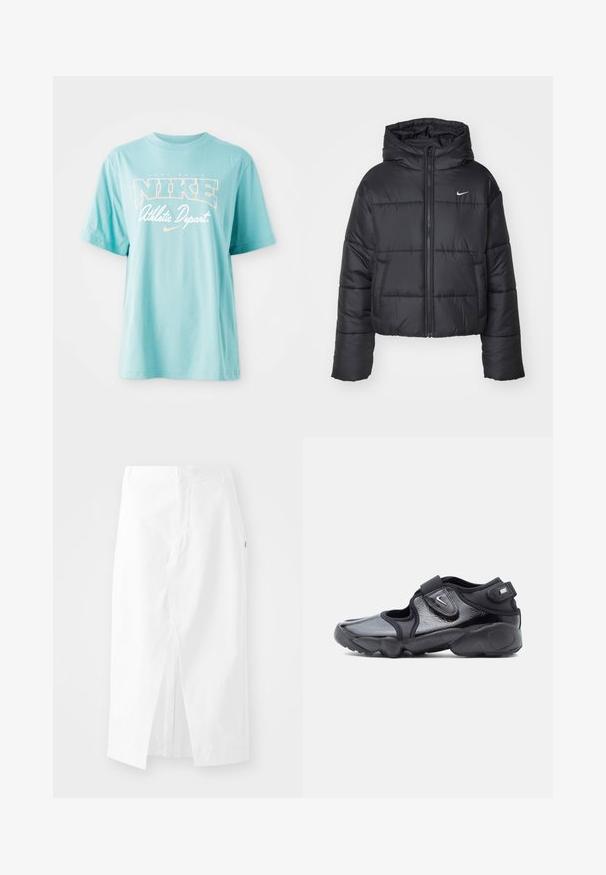 Sort pufferjakke lavet af nylon, med lynlåslukning foran, hætte og to forlommer. Designet inkluderer syede sektioner og et lille logo.; Lyseblå bomulds T-shirt med korte ærmer og rund halsudskæring. Har "NIKE" logo og tekst i hvid og ferskenfarvet print.; Hvid midi-skjørt i bomuld med lige snit, sideslids og skjult lynlås. Glat tekstur, minimalistisk design og ingen synlige udsmykninger.; Sort Nike Air sko med blank finish, justerbare Velcro-stropper og udskæringsdesign på siderne, set fra siden på en ensfarvet baggrund.