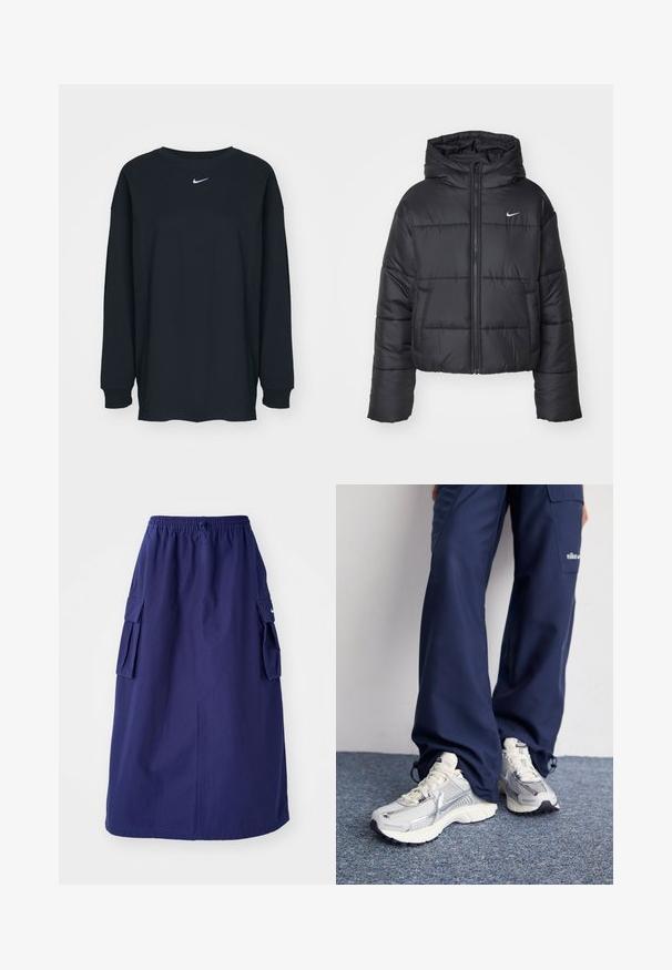 Sort pufferjakke lavet af nylon, med lynlåslukning foran, hætte og to forlommer. Designet inkluderer syede sektioner og et lille logo.; Sort langærmet T-shirt lavet af bomuld med rund hals. Har et hvidt Nike-logo på brystet. Blød tekstur, enkelt design.; Marineblå, mellemlang nederdel med elastisk talje, der har to sidelommer og et minimalistisk logodesign. Glat stofstruktur.; Nike sportssko med en sølvfarvet mesh-overdel, hvide detaljer og strukturerede såler, parret med løstsiddende navy bukser.