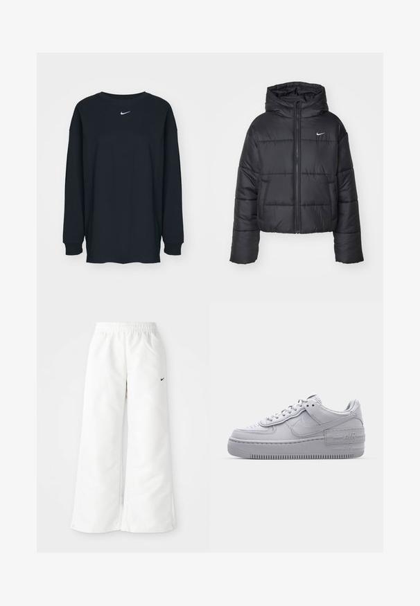 Sort pufferjakke lavet af nylon, med lynlåslukning foran, hætte og to forlommer. Designet inkluderer syede sektioner og et lille logo.; Sort langærmet T-shirt lavet af bomuld med rund hals. Har et hvidt Nike-logo på brystet. Blød tekstur, enkelt design.; Hvide atletiske bukser med et bredbenet design, elastisk talje og et lille sort Nike-logo på venstre side. Glat, let materiale.; Grå Nike Air Force 1 sneakers med perforeret tå, glat læderoverdel, tyk sål og præget 'AIR' detalje på hælen.