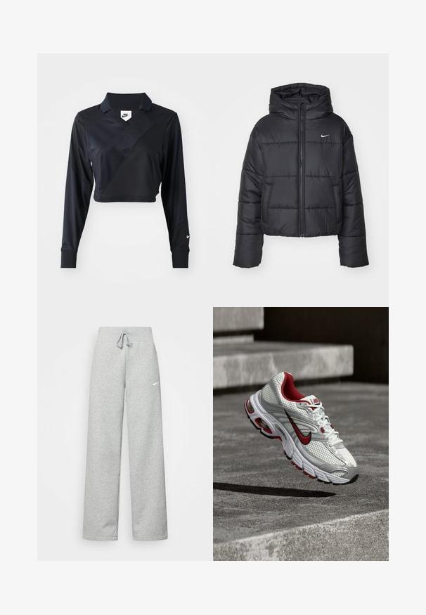 Sort pufferjakke lavet af nylon, med lynlåslukning foran, hætte og to forlommer. Designet inkluderer syede sektioner og et lille logo.; Sort langærmet cropped polo-skjorte med V-hals, der har et diagonalt sømdesign, glat tekstur og et Nike-logo på ærmet.; Grå sweatpants med elastisk talje, snor detaljer og et lille hvidt Nike-logo på venstre lår. Blødt stof, løs pasform.; Hvid atletiksko med røde accenter, mesh-overdel, sølvdetaljer og sort sål. Har Nike-logo og polstret mellemsål.