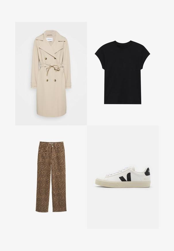 Beige trenchcoat van een gladde stof. Heeft een dubbelzijdige voorkant, brede revers, een ceintuur in de taille en zijzakken.; Zwarte katoenen t-shirt met een ronde hals, korte mouwen en een comfortabele pasvorm. Soepele structuur en geen zichtbare patronen of versieringen.; Leopardprint denim broek, met een gemiddelde taillehoogte, rechte pijp, voorzien van een bruin en zwart patroon, knoopsluiting en een vijf-pocket ontwerp.; Witte leren sneaker met zwart rubberen V-logo. Getextureerde off-white zool, witte veters en een achterkant met een detail van de merknaam in het zwart.