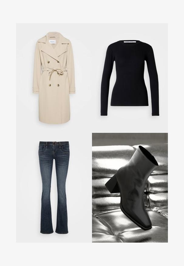 Beige trenchcoat lavet af et glat stof. Har en dobbeltradet front, brede klapper, en bælteomgivet talje og sidelommer.; Sort langærmet top lavet af ribbet stof. Har en rund halsudskæring og tætsiddende pasform. Ingen mønstre eller pyntegenstande. Simpelt design.; Mørkeblå vide jeans med mellemhøj talje, fem lommer og subtile stikningsdetaljer. Fremstillet af denim med en glat tekstur.; Sorte ankelstøvler lavet af glossy materiale med firkantet tå og spidse hæle, sat mod en skinnende sølv tuftet baggrund.