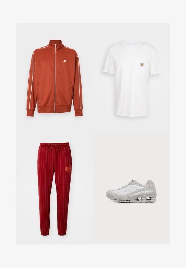 Športová bunda na zips v odtieni hrdzavo oranžovej farby s bielym lemovaním na rukávoch a malým bielym logom Nike na ľavej strane hrudníka.; Biele bavlnené tričko s krátkymi rukávmi, vreckom na hrudi a malou štvorcovou nášivkou v oranžovej a bielej farbe na vrecku.; Červené pruhované tepláky s elastickým pásom a šnúrkou. Obsahujú vyšívaný nápis "JUST DO IT" v oranžovej farbe. Mäkká tkanina s úzkym strihom nohavíc.; Šedá a biela športová teniska s viditeľnou podrážkou s vzduchovou vložkou a sieťovinovými panelmi, zobrazená v profile na jednoduchom svetlom pozadí.