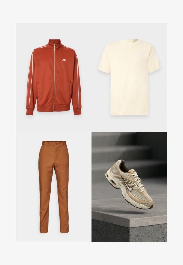 Chaqueta deportiva con cremallera color naranja óxido, con ribetes blancos en las mangas y pequeño logo blanco de Nike en el pecho izquierdo.; Camiseta de algodón color crema claro con mangas cortas y cuello redondo. Presenta un pequeño logo blanco de Nike en el lado izquierdo del pecho.; Pantalones de algodón marrón con un corte recto, presentan un cierre de botón y bolsillos laterales. Textura suave con un color uniforme en toda la prenda.; Zapatilla de running Nike beige y blanca con paneles de malla y el swoosh negro, flotando sobre un borde de hormigón con escaleras desenfocadas al fondo.
