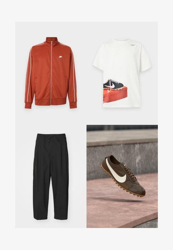 Roostevärvi oranž tõmblukuga spordijakk valge torustikuga varrukatel ja väike valge Nike logo vasakul rinnal.; Valge lühikeste varrukatega T-särk, millel on trükitud must Nike jalgpalli kets kulunud punasel kingakarbil ääre lähedal ja väike logo kaeluse lähedal.; Mustad püksid elastse vöökohtaga, nööriga sulgemine ja lõtv istuvus. Valmistatud siledast kangast, millel on minimalistisch disain.; Pruun Nike jooksujalats, valge Swoosh logoga ja kummist tald, hõljumas roosa kivipinna kohal, halli kivitaustaga.